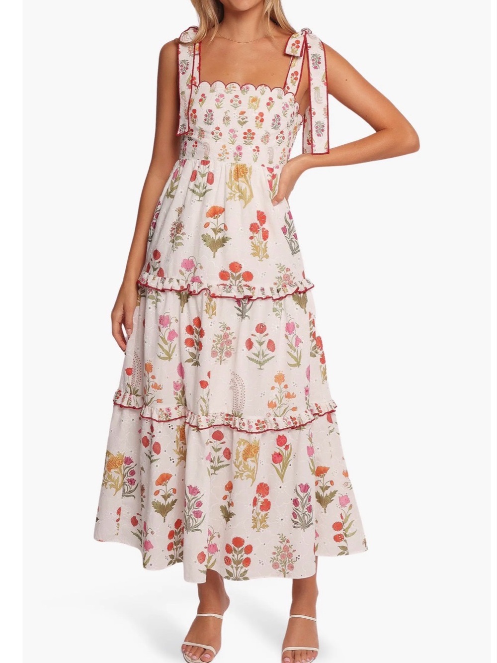 Petal & Pup Aurelia Print Tie Strap Sleeveless Maxi Dress White Floral Scalloped - Picture 1 of 13